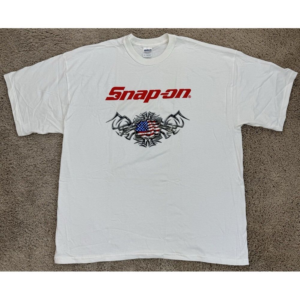 Vtg Snap On Tools T Shirt Mens XXL White Script W/American Flag Over Shield NOS